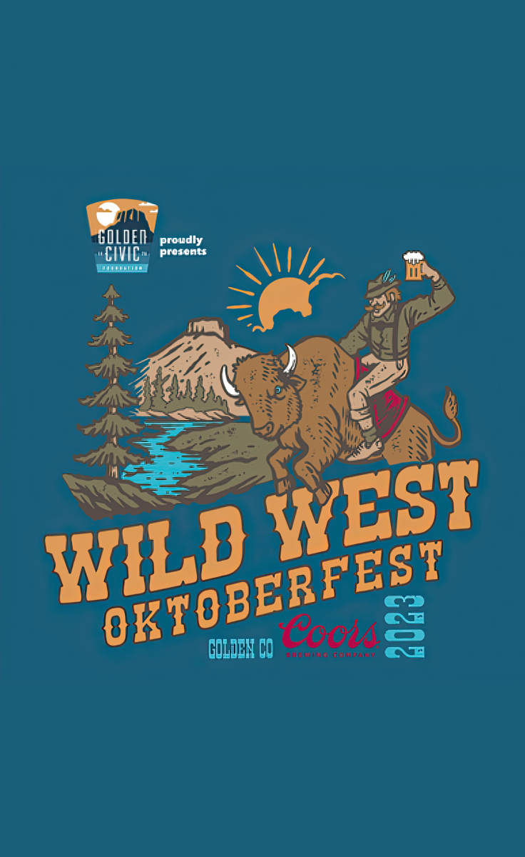 Wild West Oktoberfest logo - man holding stein riding a buffalo on backdrop of rocky mountains with Golden Civic Foundation and Coors logo