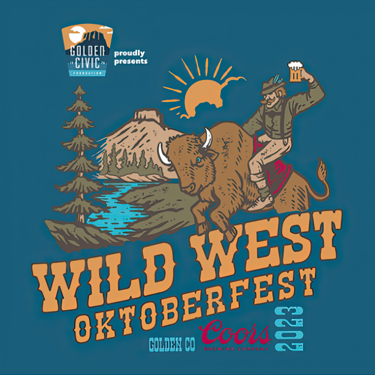Wild West Oktoberfest logo - man holding stein riding a buffalo on backdrop of rocky mountains with Golden Civic Foundation and Coors logo