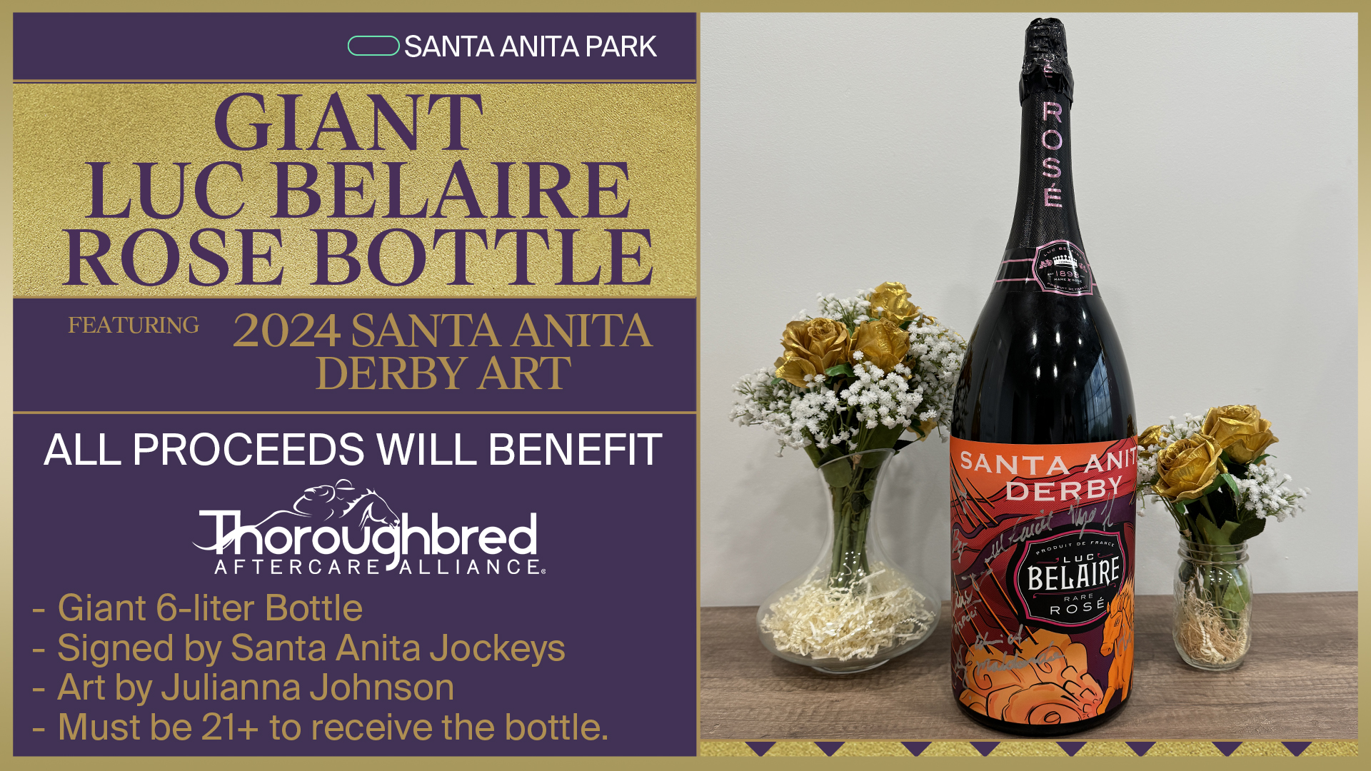 Large Luc Belaire Bottle featuring 2024 Santa Anita Derby Day Art logo