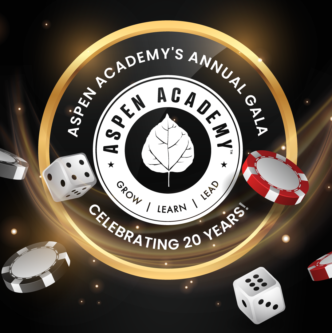 Event logo that says: Aspen Academy's Annual Gala | Celebrating 20 Years! | Aspen Academy | Grow, Learn, Lead