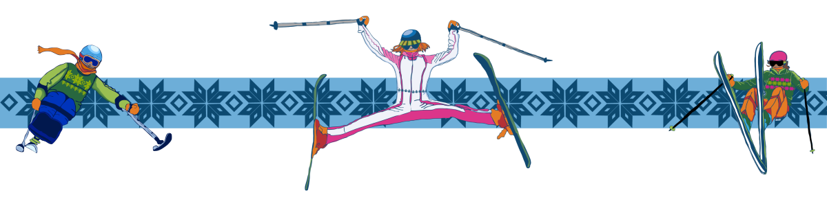 a cartoon sitskier with a green knit sweatshirt, a cartoon two-track skier with a white and pink jumpsuit doing a spread eagle trick, and a two track skier in a green knit sweater doing a jump. 