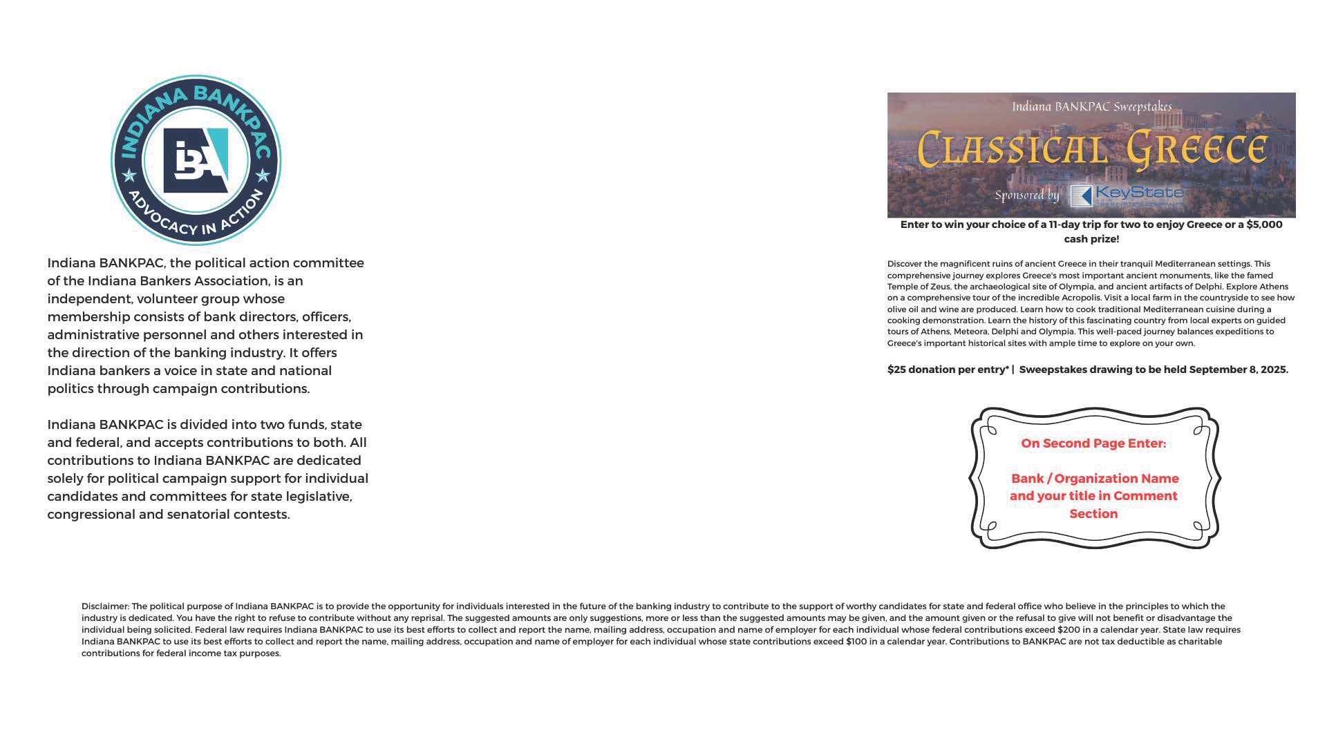 2025 Indiana BANKPAC Sweepstakes Entry | Secure Donation