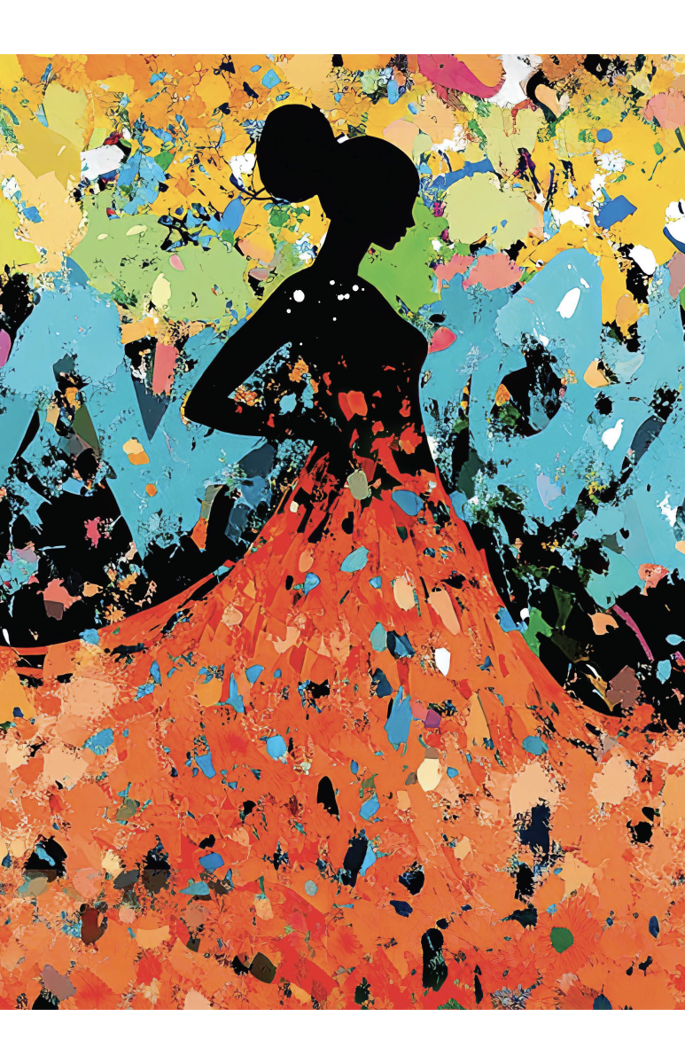 Painting of a woman in an ombre orange dress with a colorful splash background