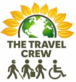 Logo for The Travel Crew - sunflower image and line drawings of 4 people one using a cane, carrying a suitcase, walking, and in a wheelchair