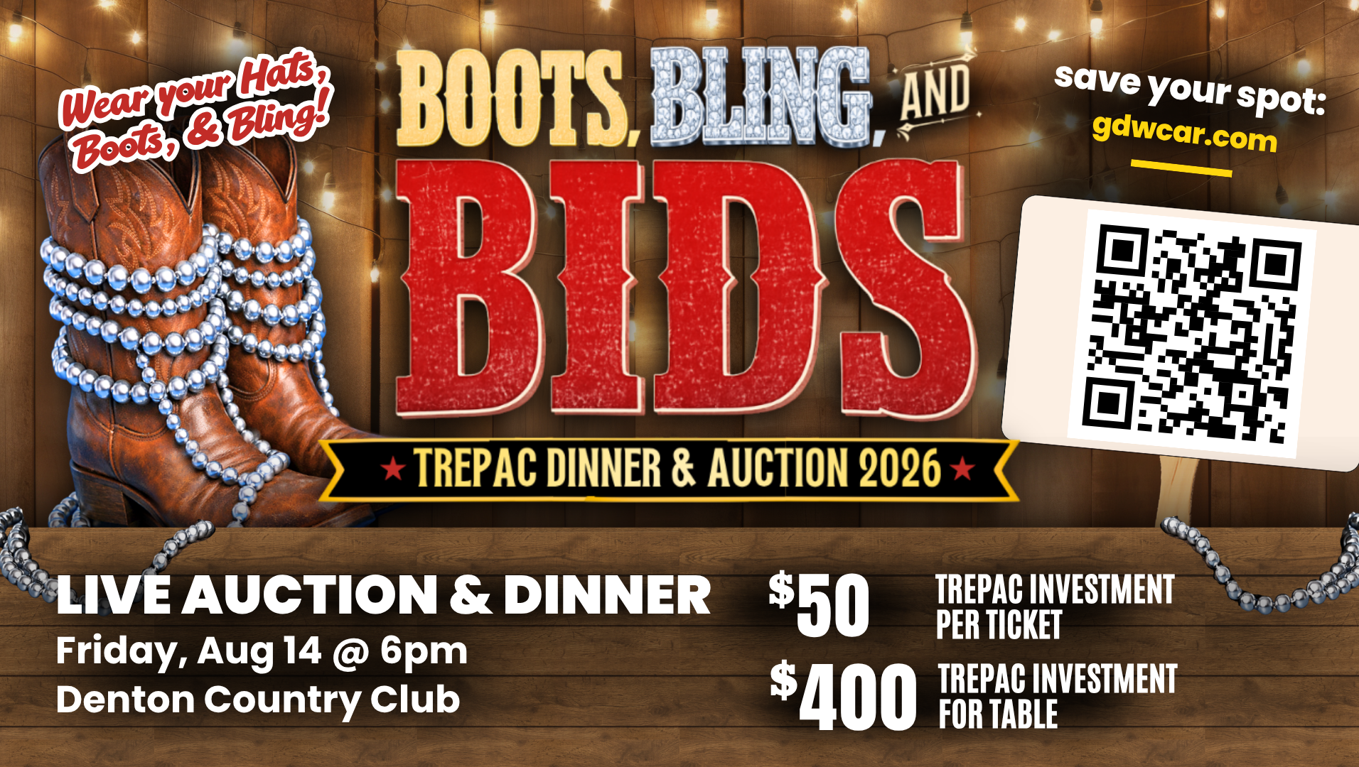 GDWCAR TREPAC Auction — "Boots, Bling, & BIDS" background