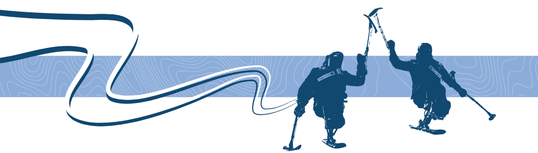 Two skiers celebrate with a high five while skiing on a light blue banner patterned with topographic lines. Curving ski tracks sweep across the graphic from left to right.