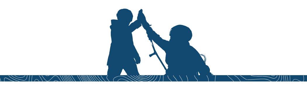 A skier and a person skiing a sitski share a high five above a blue banner patterned with topographic lines.