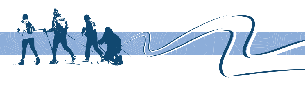 Silhouettes of four Nordic skiers move across a light blue banner patterned with topographic lines. Curving ski tracks sweep across the graphic from right to left